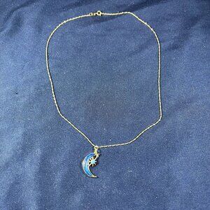 Moon & Star Pendant Necklace Gold Chain With Blue Inlay Adjustable 18" Length Wo